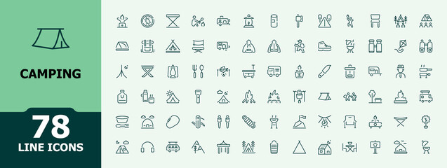 Camping icon collection. Minimalist containing forest, knife, adventure, fire, tour, holiday, binoculars and more. Outline symbol collection. Editable stroke. Vector illustration.