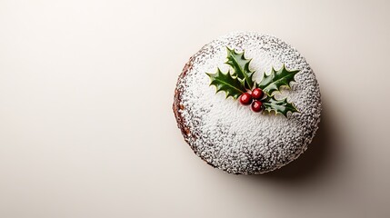 top-down view of christmas pudding topped with sprig of holly and powdered sugar glowing under warm festive lighting