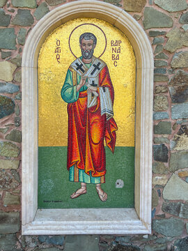Milikuri, Cyprus, October 16, 2024: Mosaics in a fence along the path from Kykkos Monastery to the chapel on Throni Hill in the Troodos Mountains in Cyprus. Icon of St. Barnabas