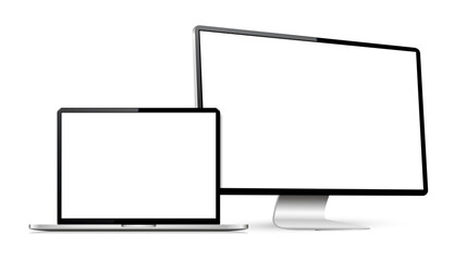 Realistic computer screen with laptop mockup. Computer display and laptop with blank screen.