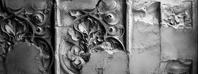 Black-and-white ornate architectural details show weathered floral and scroll-carved reliefs in stone or plaster, with dramatic shadows highlighting the dimensional textures. Generative AI