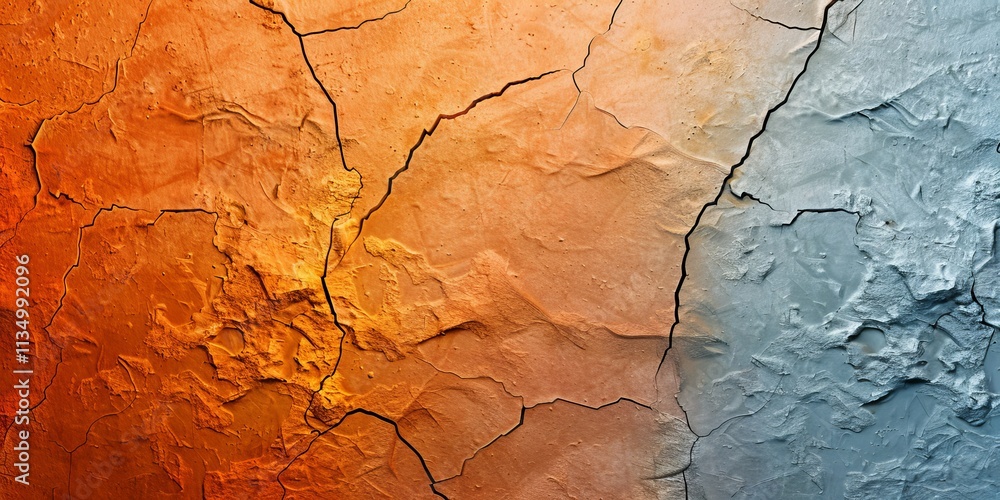 Poster abstract texture of cracked paint featuring warm orange and cool blue hues, creating a striking cont