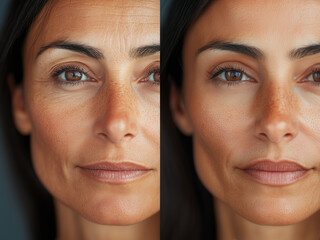 before and after beauty treatments woman in 40s, filler, wrinkles, facelift, cosmetic surgery, close up