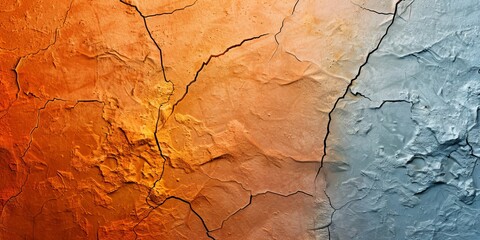 Naklejka premium Abstract texture of cracked paint featuring warm orange and cool blue hues, creating a striking contrast and adding depth to the composition.