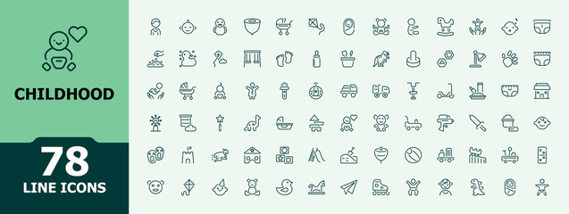 Childhood icon set. Outline icons pack. It contains symbols to fun, cute, kid, activity, play. Editable vector illustration.