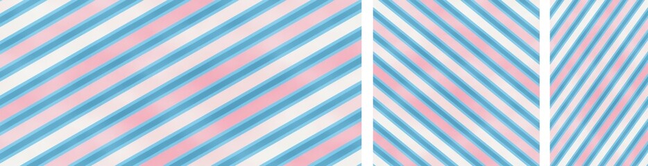  Set of diagonal stripes in pastel pink, light blue and white colors, displayed in three variations with increasing angles from left to right. The clean lines and soft color palette. Generative AI