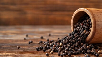 A wooden container spills black peppercorns onto a rustic wooden surface, showcasing the texture and earthy colors of the spices.
