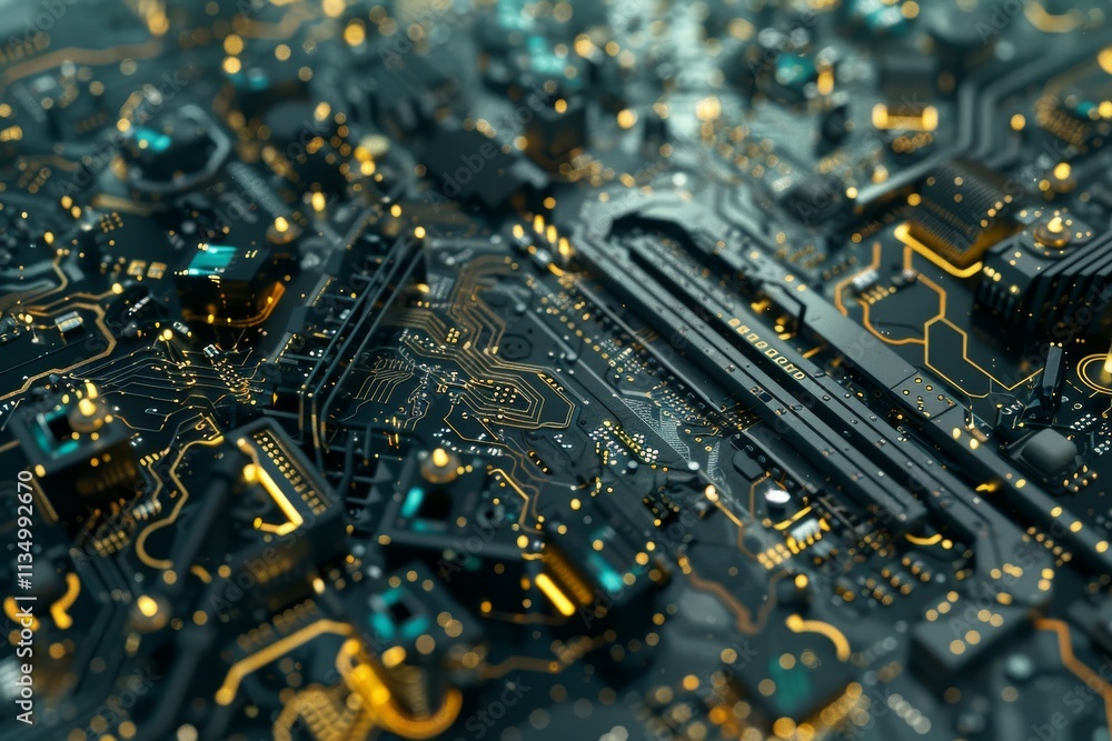 Poster a detailed examination of a high-tech circuit board reveals advanced electronic components and lumin