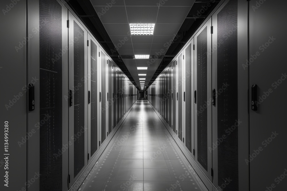 Poster the corridor features rows of sleek server racks, highlighting advanced technology and organized dat