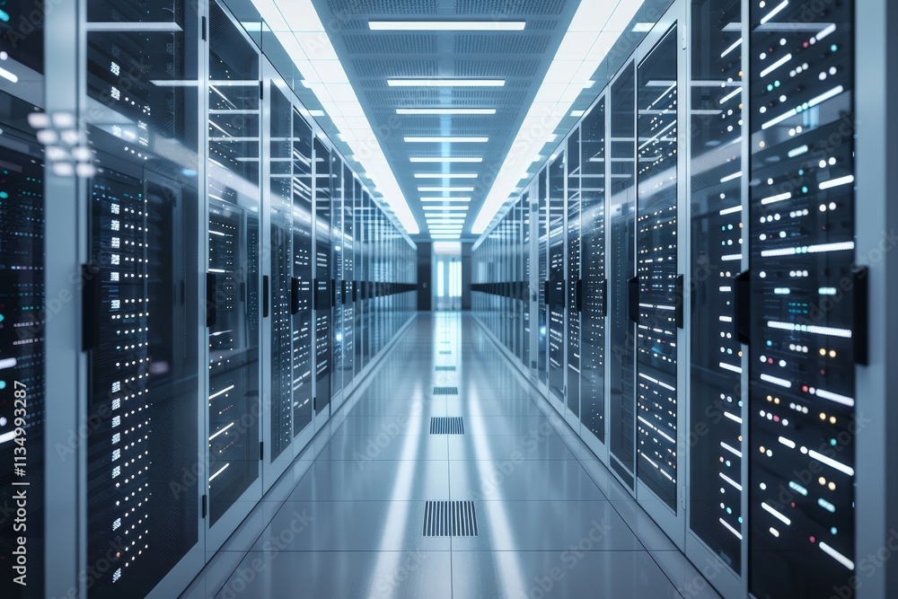 Poster the interior of a contemporary server room features numerous data storage racks lined up in neat row