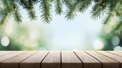 Festive Wooden Tabletop Decorated With Pine Branches
