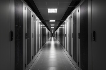 The corridor features rows of sleek server racks, highlighting advanced technology and organized data storage. The spacious area is well-lit and designed for optimal performance.