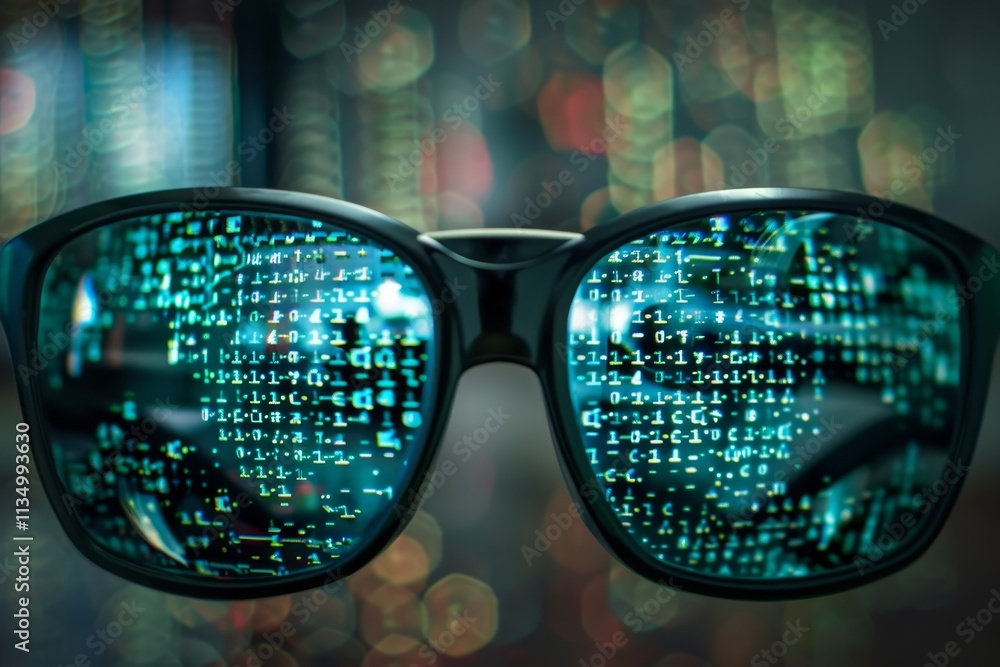 Poster glasses display a striking reflection of binary code and digital effects, surrounded by an out-of-fo