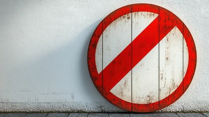 A round no entry sign leans against a textured wall, showcasing age and defiance of rules
