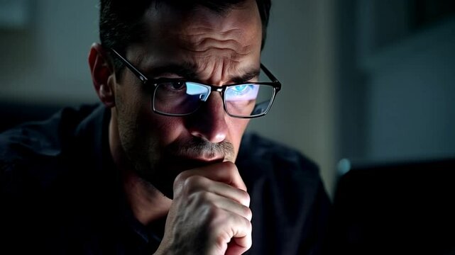 Confused man at laptop, online transaction, digital safety, doubt and concern, moody lighting