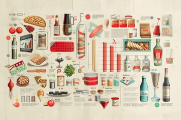 This illustration showcases various food items, beverages, and kitchen tools, each labeled with their uses and ingredients, serving as a vibrant culinary reference.