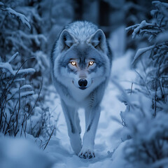Obraz premium Majestic Wolf Walking Through Snowy Forest Surrounded by Frosty Trees in the Enchanting Blue Light of Winter Atmosphere
