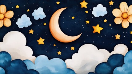 A whimsical night sky with a crescent moon, clouds, stars, and flowers creating a dreamy, enchanting atmosphere.