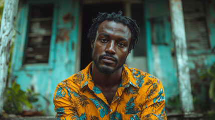 Portrait of a Man in a Tropical Shirt, Pensive Expression, Outdoors