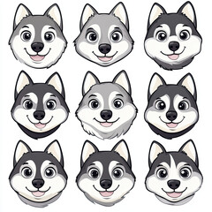 Playful Husky Faces in Cartoon Style