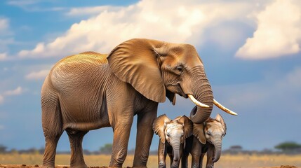 Fototapeta premium A majestic elephant stands with its calves under a blue sky, showcasing the beauty of wildlife and family bonds in a natural setting.