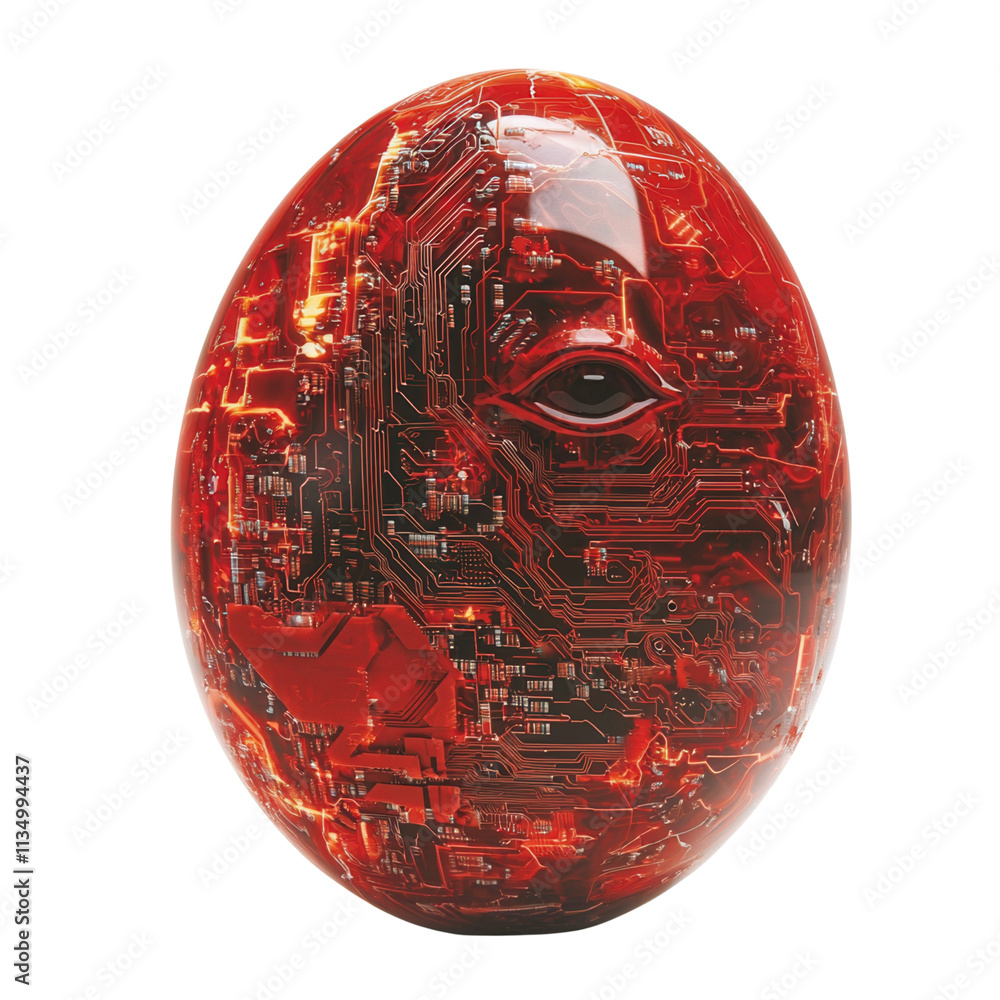 Poster a futuristic red egg-shaped object featuring intricate circuit patterns and a stylized eye design is