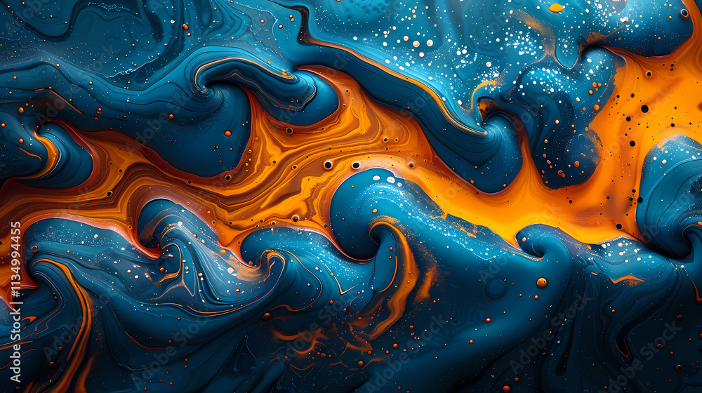 Aufkleber abstract fluid art: teal and orange swirls: an abstract close-up showcasing mesmerizing swirls of te