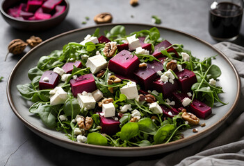 Beetroot salad with arugula, walnuts, and vegan feta cheese, finished with a drizzle of balsamic vinaigrette, ai.