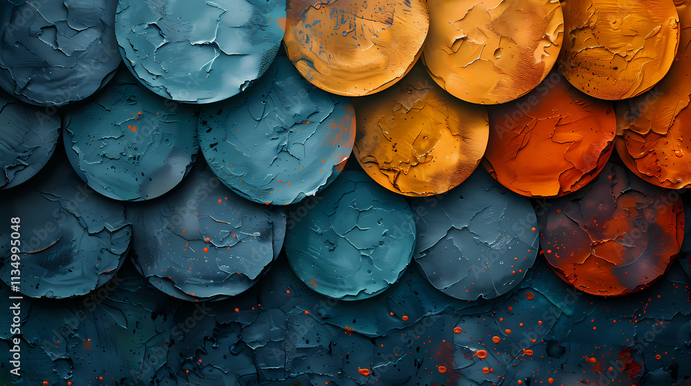 Poster Abstract  Blue and Orange Texture: An abstract texture background featuring a mosaic of circular shapes in cool blues and warm oranges, creating a mesmerizing and dynamic visual experience.