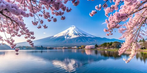 Fototapeta premium Majestic Mount Fuji rises behind cherry blossoms and a serene Japanese lake. Soft blue skies and delicate pink flowers create a calming and iconic spring view.