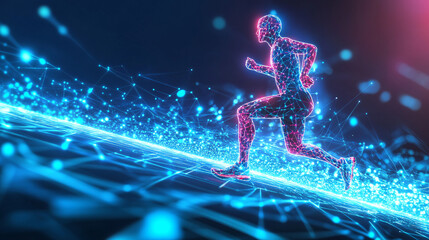 A futuristic marathon runner icon connected to an AI coach, symbolizing online platforms for personalized training regimens. 