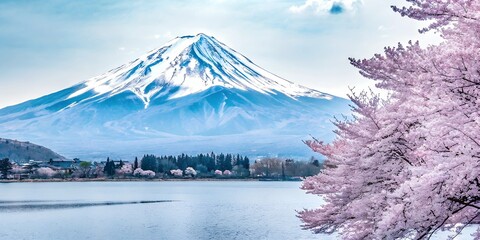 Fototapeta premium A breathtaking view of Mount Fuji framed by delicate cherry blossoms and tranquil lake waters under soft daylight. A tranquil spring landscape in Japan.