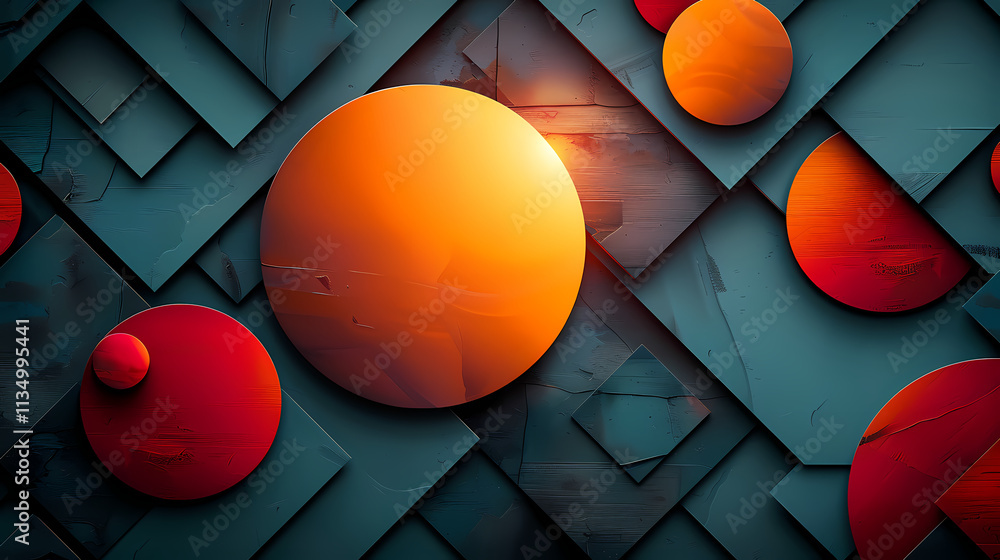 Poster abstract geometric shapes: red and orange circles layered on a dark teal geometric background create