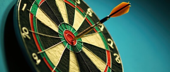 The image shows a dartboard with a dart in the bullseye, symbolizing precision, commitment, and focus needed to achieve lifes goals through thorough planning and relentless determination