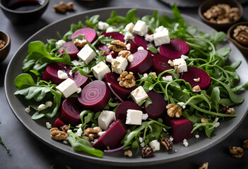 Vibrant beet salad featuring arugula, walnuts, and vegan feta cheese, drizzled with balsamic vinaigrette, ai.