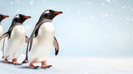 Fototapeta premium Three adorable penguins walking in a snowy landscape, showcasing their distinctive black and white plumage against a soft, blue background.