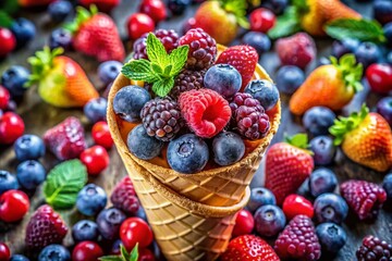 Obraz premium Handdrawn Ice Cream Cone Topped with Fresh Berries Captured in Macro Photography, Showcasing Delicate Details and Vivid Colors for Food Lovers and Dessert Enthusiasts