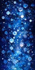 An abstract illustration featuring a mesmerizing array of hexagonal and circular shapes in various shades of blue, creating a dreamy cosmic atmosphere.
