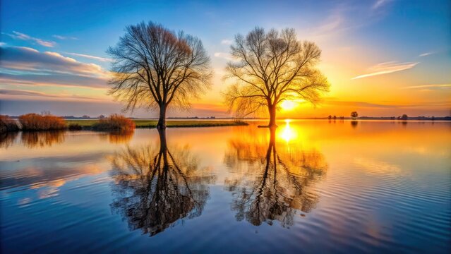 Dutch Winter Landscape: Bare Trees on Flooded Noordwaard Polder, Biesbosch National Park Sunset
