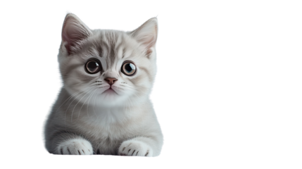 Curious Kitten: A sweet, grey and white kitten with big brown eyes stares up at the camera with a curious expression. Its paws are tucked in, and its body is relaxed.