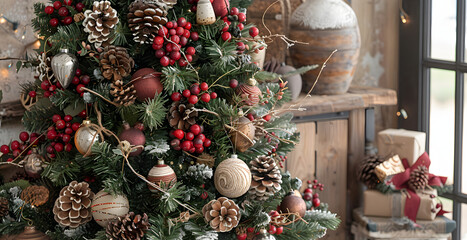 A Christmas tree adorned with natural pinecones, berries, and rustic garlands, in a Scandinavian-style home