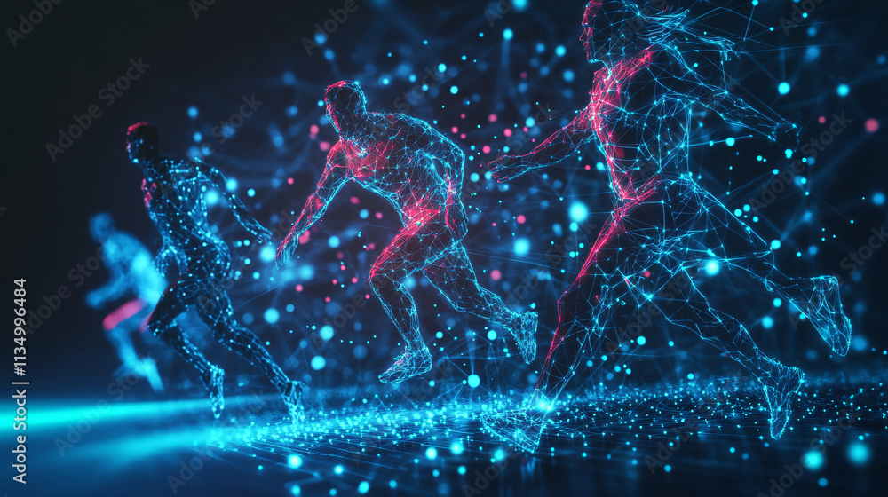 Poster a futuristic networking icon featuring athlete connection data, symbolizing online platforms for bui
