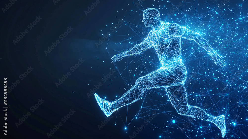 Poster a futuristic networking icon featuring athlete connection data, symbolizing online platforms for bui