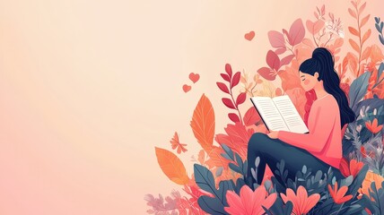 The Power of Writing as Therapy and Hobby concept. A woman reading amidst colorful floral elements.