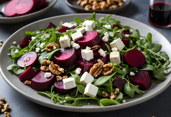Vibrant beet salad featuring arugula, walnuts, and vegan feta cheese, drizzled with balsamic vinaigrette, ai.