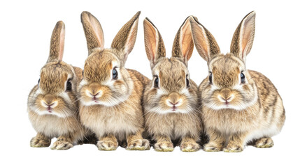 Fototapeta premium Four Adorable Bunnies: A heartwarming image of four fuzzy brown bunnies huddled together, showcasing their endearing charm and cuteness. Perfect for Easter, spring.