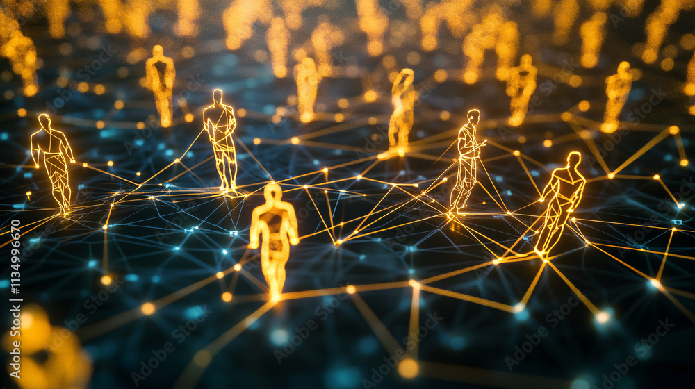 Poster a futuristic networking icon featuring athlete connection data, symbolizing online platforms for bui
