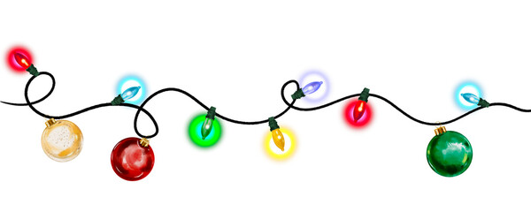 Christmas lights illustration New Year garland isolated Hand drawn illustration on a transparent background Winter frame banner decor xmas