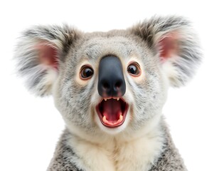 Obraz premium Close-up Of An Angry And Surprised Koala Bear Isolated On White Background With A Funny And Excited Expression, Animal Portrait