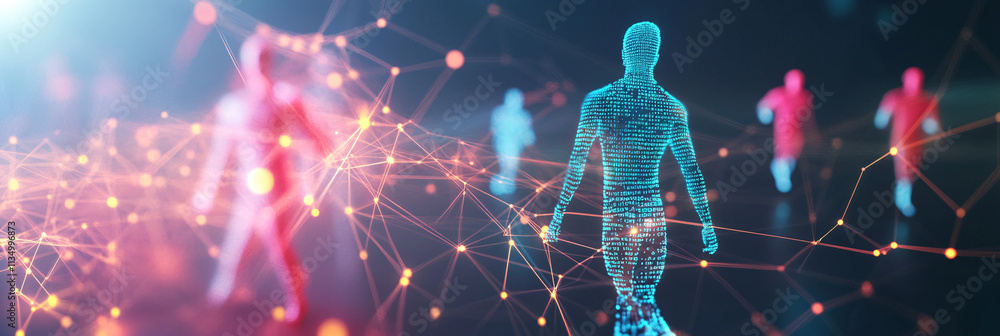 Poster a futuristic networking icon featuring athlete connection data, symbolizing online platforms for bui